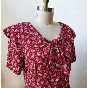 90's Kathie Lee Collection Cranberry Red Calico Floral Print Midi Dress 14